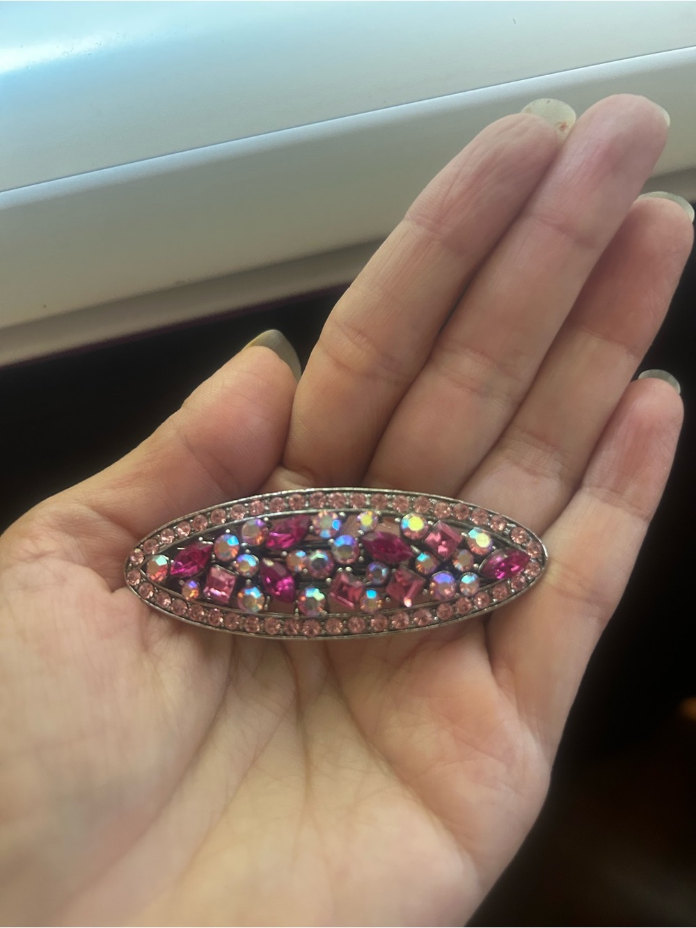 Vintage Pink Crystal Oval Barrette Hair Clip - Women accessories